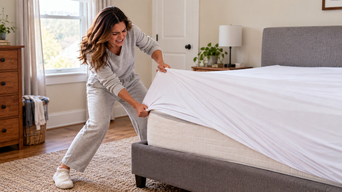 Person struggling to pull a fitted sheet over a thick mattress
